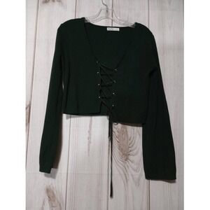 Aster Green Ribbed Lace-Up‎ Front Cropped Long Sleeve Top